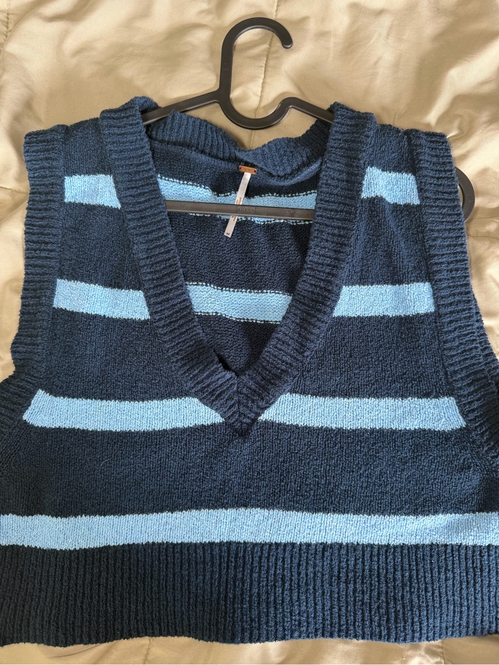 Free People Navy and Light Blue Striped V-Neck Sweater Vest